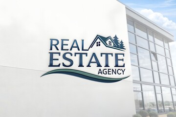 Futuristic design with Real Estate Agency title and real property background looking like a logo layout includes free space for business promotional message suitable for home sales rental listings