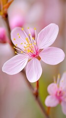 Obraz premium Delicate Pink Flower with Yellow Stamens, Soft Focus and Blurred Background