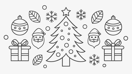 Festive Christmas Outline Illustration with Tree Santa Ornaments and Presents for Holiday Season Designs