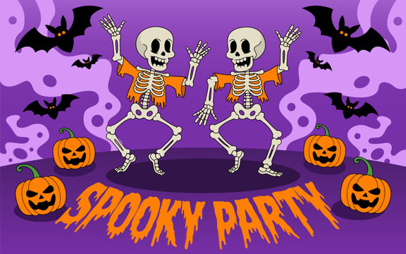 Halloween Promotion Poster. Happy Halloween party greeting card. Halloween night Invitation. Spooky flyer background template. Halloween card design with dancing skeleton celebrating October 31st.