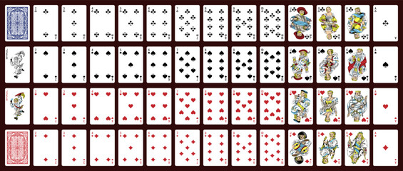 Poker set with isolated cards. Poker playing cards, full deck.