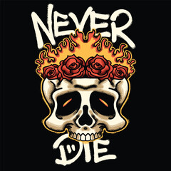 Skull Fire and Roses for streetwear illustration