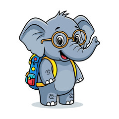 Obraz premium Cute Cartoon Elephant Student with Glasses and Backpack Waving