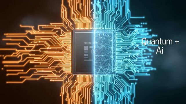 Computer chip with the words Quantum+AI written on it. The chip is split in half. clean infographic: "Quantum + AI" with simplified qbit and processor symbols, futuristic UI, quantum ai development