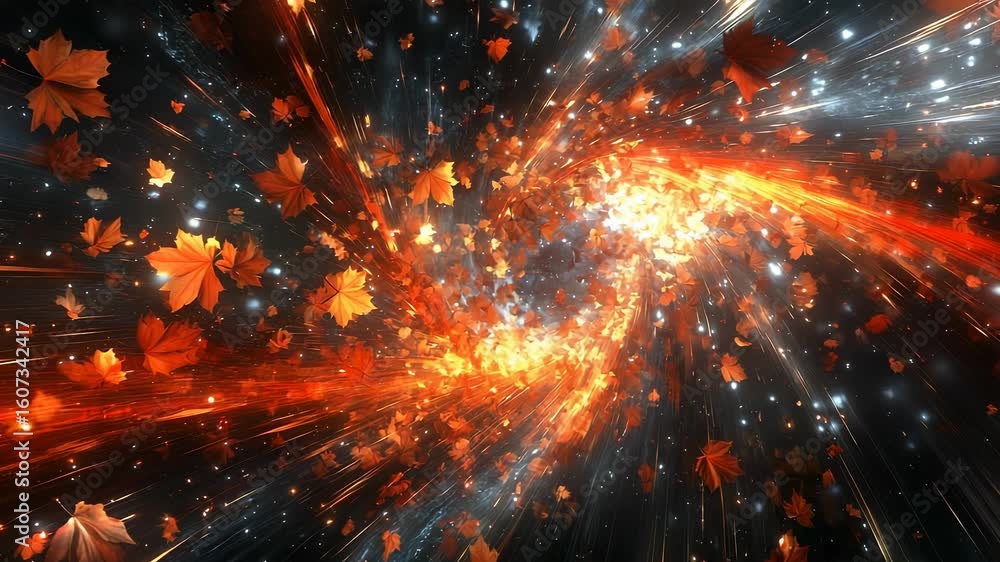 Aufkleber abstract fall: dynamic maple leaves swirling through time and space particle stream
