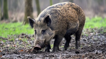 Wild boar foraging in a muddy field.