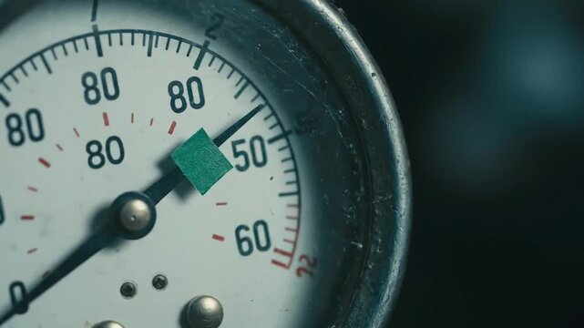 Close up detailed shot of an industrial analog pressure gauge with a black needle and green indicator on a white dial showing critical measurement levels for ma