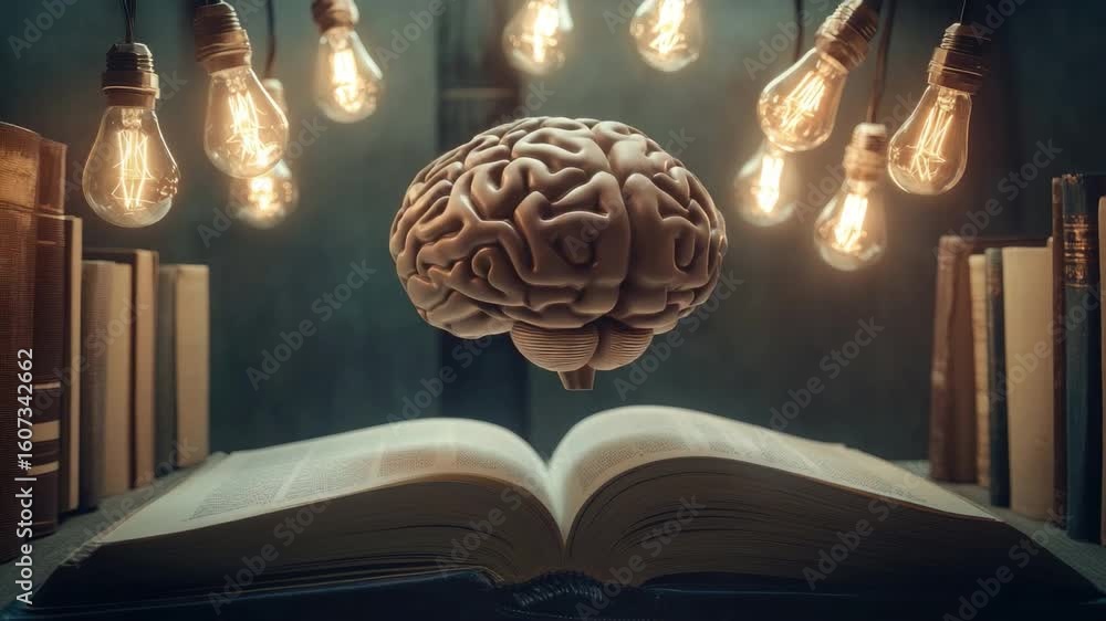 Poster surreal concept of knowledge and imagination with floating brain over open book surrounded by light 