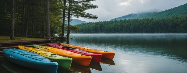 Colorful kayaks lined up at a tranquil lake shore, surrounded by lush green forest