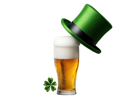 St. Patrick’s Day Beer with Hat and Coins on Transparent Background