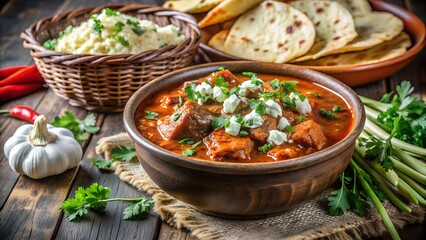 A hearty meat curry dish is served with naan bread, rice, and fresh herbs