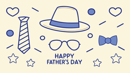 Naklejka premium Happy Fathers Day Creative Design with Hat Tie Bowtie Glasses Hearts and Stars for Card or Celebration Illustration