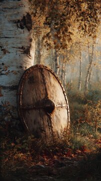 Rustic knight&rsquo;s shield resting at a birch tree in autumn forest