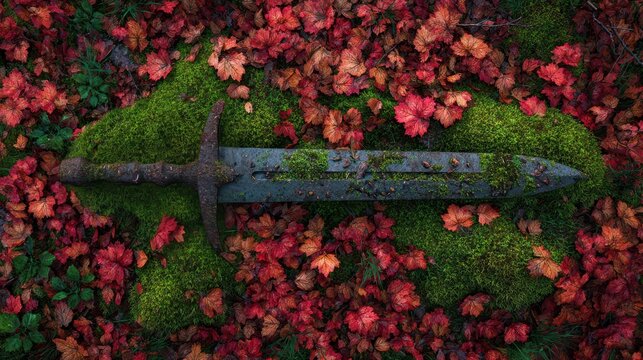 Old medieval sword on a moss forest floor, surrounded by red autumn leaves