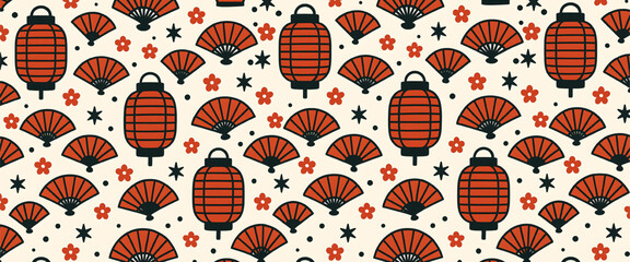 seamless pattern featuring traditional japanese lanterns, fans, and stylized stars on an off-white background