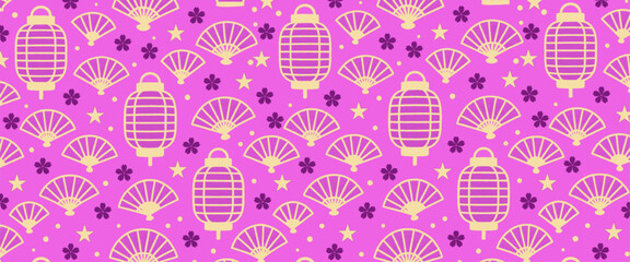 seamless pattern of japanese paper lanterns, fans, and stars on a pink background