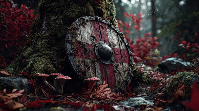 Old shield leaning against a forest tree, surrounded by mushrooms, moss and red fall leaves