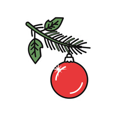 A festive christmas tree branch holds a shiny red ornament and is topped with a star