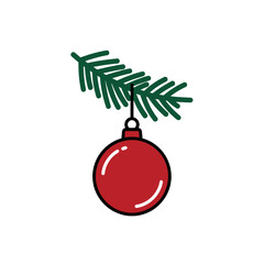 A single red christmas ornament hangs from a green pine branch, a classic holiday decoration, isolated on a white background