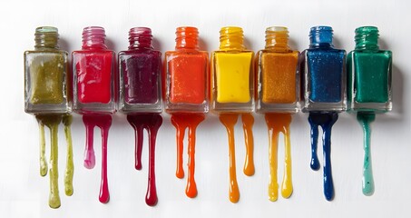 Colorful nail polish bottles on white background, close-up.
