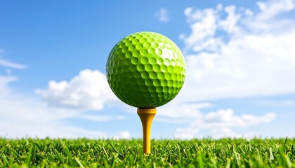 Golf ball on tee in a field of green grass against a clear sky