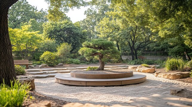 Zen garden with bonsai. Sunny, peaceful space with a circular, light-brown platform holding a bonsai tree