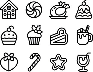 Christmas holiday food and treats icons set outline vector illustration