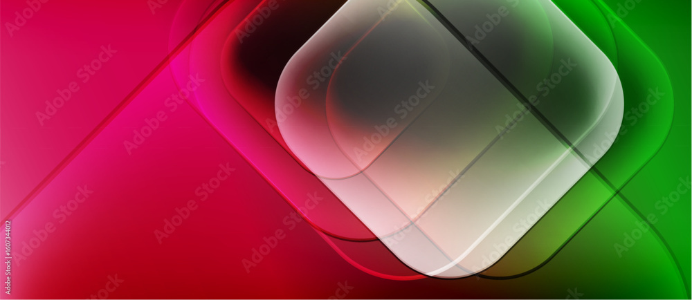 Poster abstract design features vibrant red, green gradients. overlapping shapes create luminous central di