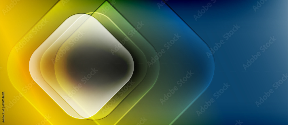 Poster abstract geometric design. layered squares transition from yellow to blue. smooth gradients create g