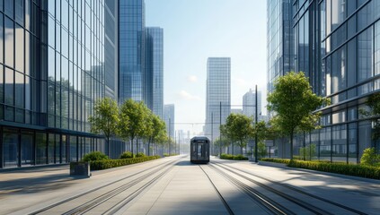 Modern city street with tram.  Urban cityscape,  glass towers,  light-filled day
