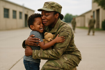 Soldier mother embracing son with teddy bear at military base