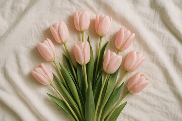 Bouquet of pink tulips lying on beige linen sheets: celebrating spring's arrival