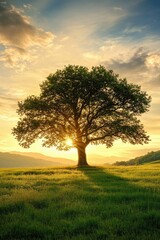 Fototapeta premium A lone tree silhouetted against a vibrant sunset over a grassy field. Golden light bathes the landscape, casting a soft glow on the rolling hills