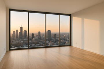 Empty room with large windows showing warsaw cityscape at sunset