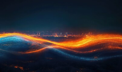 Night city skyline with vibrant, abstract energy waves