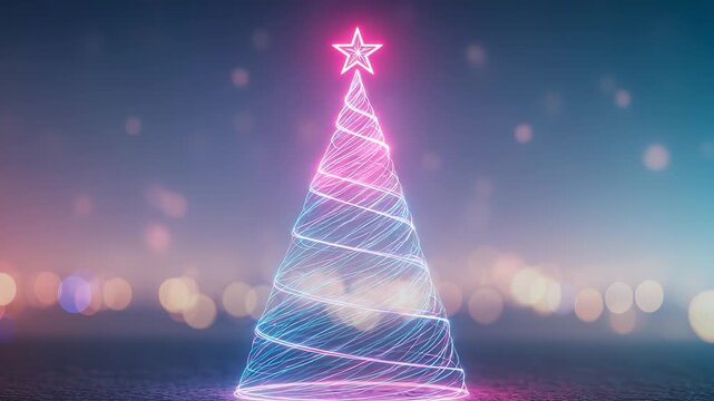 Elegant Neon Christmas Tree Animation with Glowing Star Topper and Bokeh Background