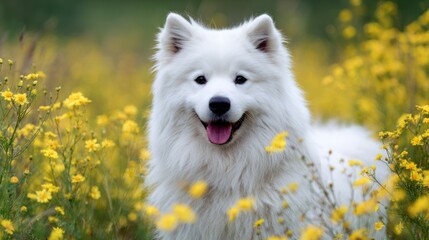 Fototapeta premium White dog in a field of yellow flowers