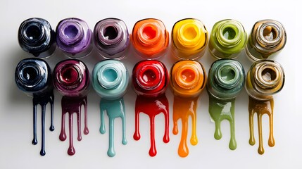 Multi-colored nail polishes on a white background with drops of varnish