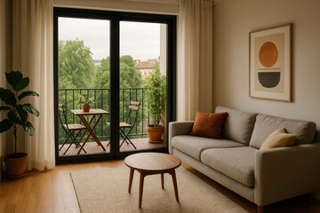 Modern living room opening onto balcony with greenery view