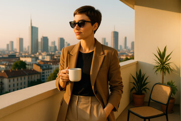 Businesswoman enjoying morning coffee on balcony overlooking milan skyline