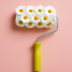 Paint roller covered with daisies painting a pink wall symbolizing spring renovation