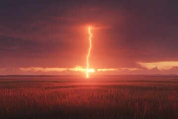 A vibrant sunset over a field, pierced by a striking lightning bolt