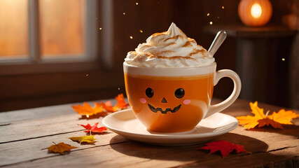 A kawaii-style pumpkin spice latte in a cute mug with whipped cream and steam. Minimalist and cozy, with room for seasonal advertising or copy.
