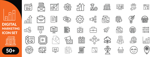 Digital Marketing Line Editable Icons set. Vector illustration for web and mobile app. Marketing related icons advertising, ecommerce, seo, content, streaming, website, social media, and more