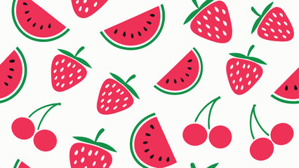 Vibrant Summer Fruits Seamless Pattern Featuring Watermelons Strawberries and Cherries on a White Background Perfect for Textile Design and Packaging