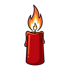 A vibrant red candle with a bright flame and dripping wax, isolated on white background