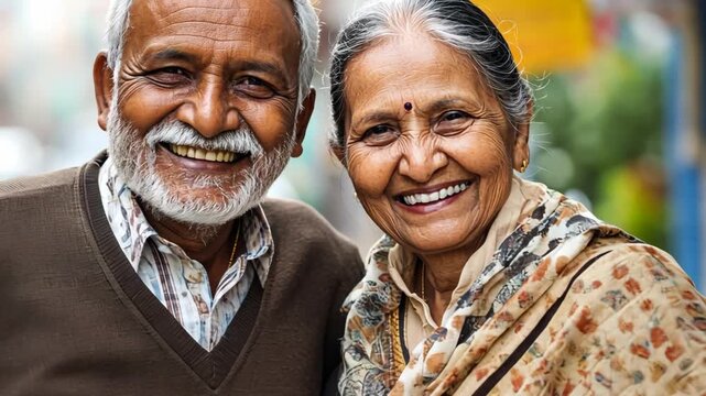 senior Asian Indian love couple smiling together with happy at city street 
