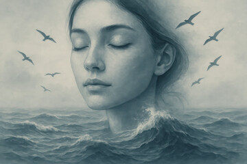 Woman emerging from ocean with seagulls flying around her head