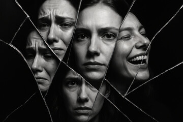 Woman reflecting multiple emotions and personalities in broken mirror