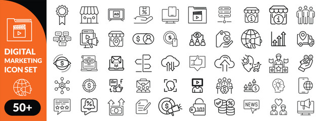 Digital Marketing Line Editable Icons set. Vector illustration for web and mobile app. Marketing related icons advertising, ecommerce, seo, content, streaming, website, social media, and more
